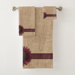 Towel Set - Burlap and Bordeaux Sunflower