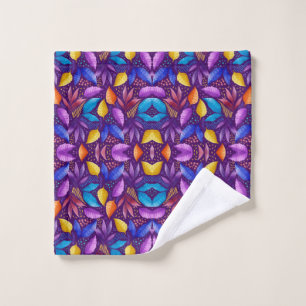 Towel set with vibrant purple, blue, and orange 
