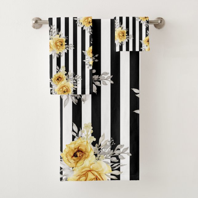 Towel Set Yellow Floral Vert. Black Stripes (Insitu)