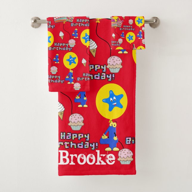 Towel Sets, #4 Happy 4th Birthday Red (Insitu)