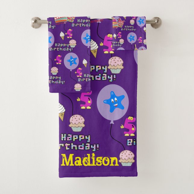 Towel Sets, #5 Happy Birthday 5th Birthday Purple (Insitu)