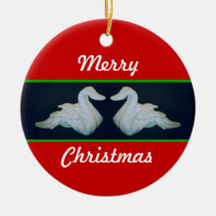 Towel Swans Red and Green Ceramic Ornament