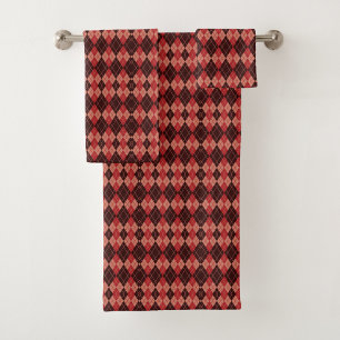 Towels with a red and black argyle pattern