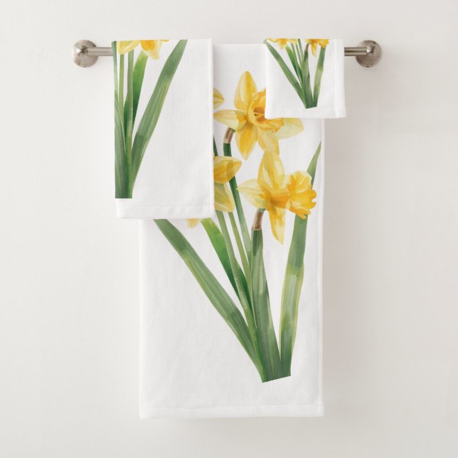 Towels with Spring Daffodils, Yellow Floral Design (Insitu)