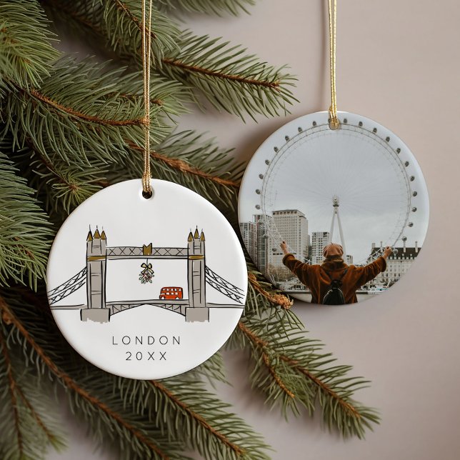 Tower Bridge London Double Decker Christmas Photo  Ceramic Ornament (London souvenir moments photo ornament)