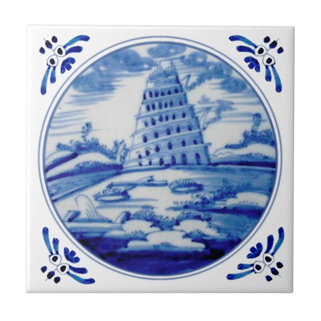 Tower of Babel Blue White Delft 19th Century Repro Ceramic Tile (Front)