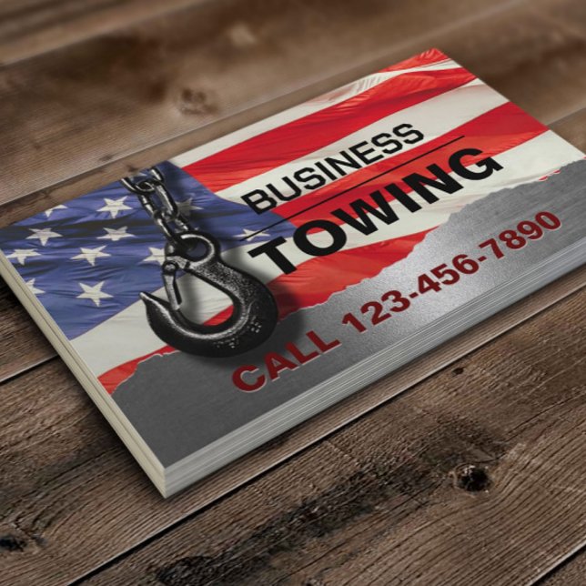 Towing Company Patriotic Metal Tow Truck Hook  Business Card (Creator Uploaded)