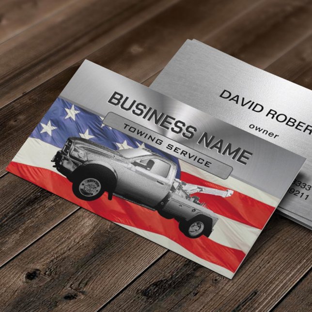 Towing Service Metal Tow Truck Patriotic Business Card (Creator Uploaded)