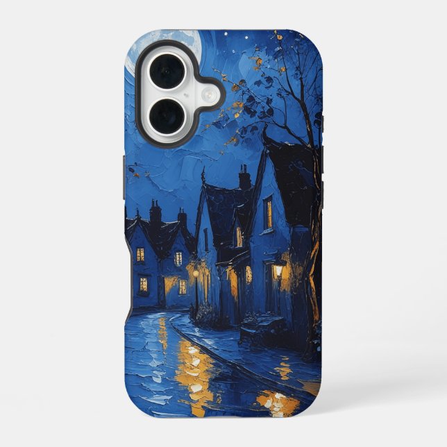 Town at night with lights and lanterns iPhone 16 case (Back)