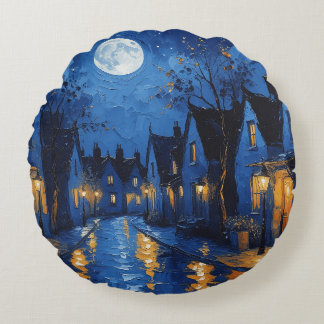 Town at night with lights and lanterns round cushion