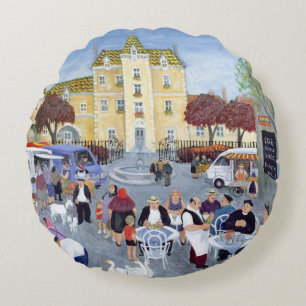 Town Square in Burgundy Round Cushion