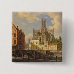 Town View with Figure fishing in a Canal 15 Cm Square Badge