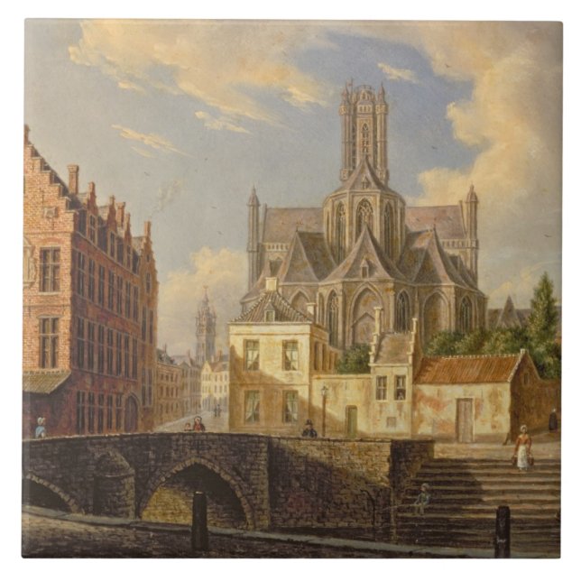 Town View with Figure fishing in a Canal Ceramic Tile (Front)