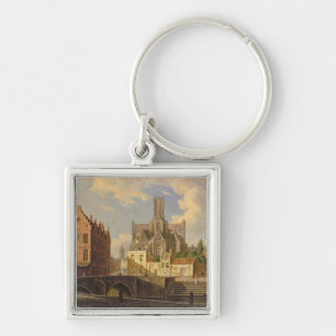 Town View with Figure fishing in a Canal Key Ring