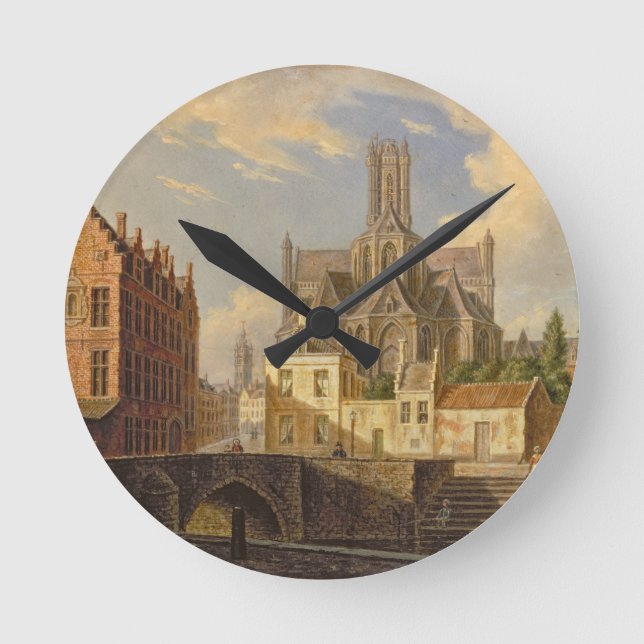 Town View with Figure fishing in a Canal Round Clock (Front)