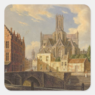 Town View with Figure fishing in a Canal Square Sticker