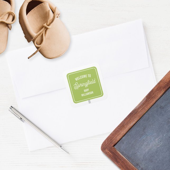 Town Welcome Sign Green Baby Shower Square Sticker (Creator Uploaded)