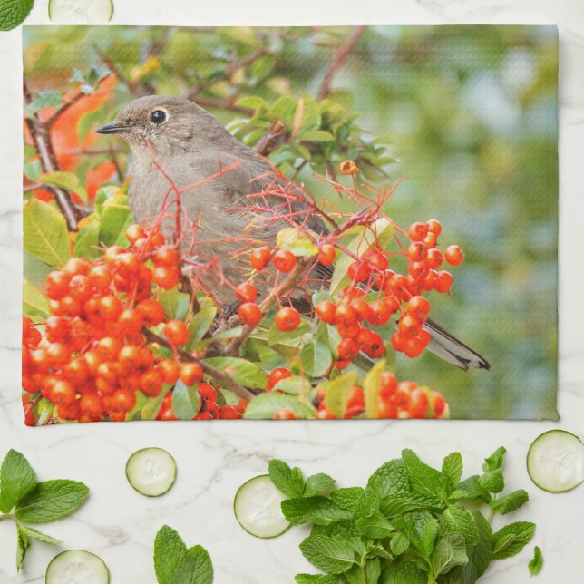 Townsend's Solitaire Songbird on the Pyracantha Tea Towel (Folded)
