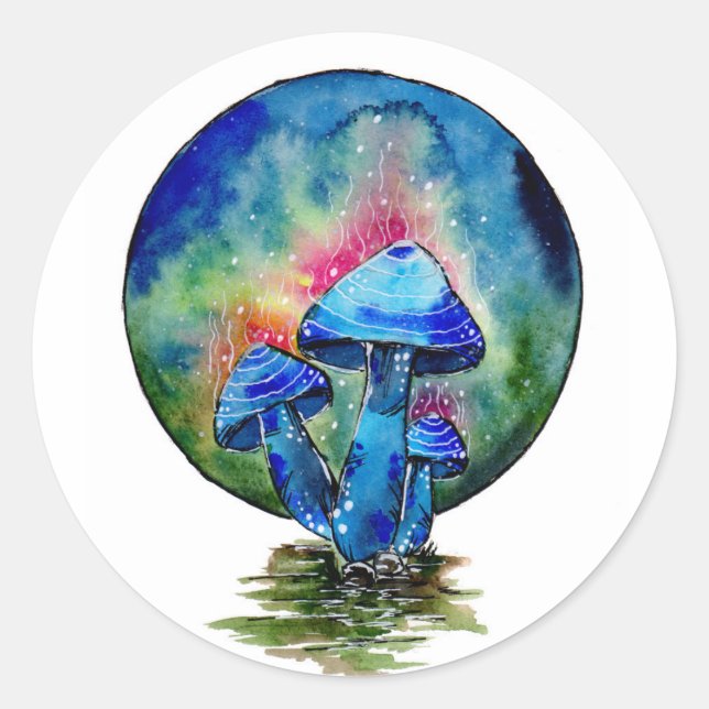 Toxic Blue Mushrooms Classic Round Sticker (Front)