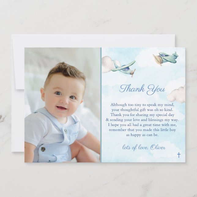 Toy Aeroplane In Blue Sky Clouds Baptism Birthday Thank You Card (Front)