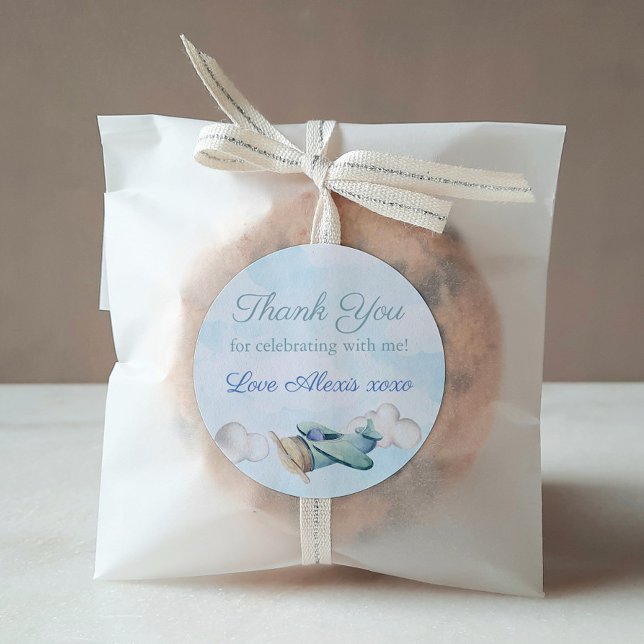 Toy Aeroplane Travel Baby Shower Birthday Thank Yo Classic Round Sticker (Watercolor Toy Airplane Thank You Favor Stickers for baby shower or child birthday party)