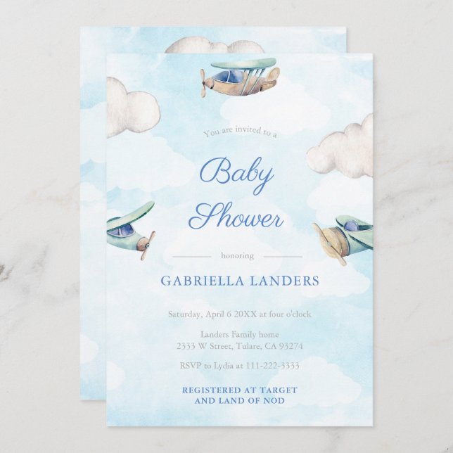 Toy Aeroplane Travel Baby Shower Sprinkle For Boy Invitation (Front/Back)