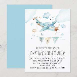 Toy Aeroplane Watercolor 1st Birthday Party Invitation