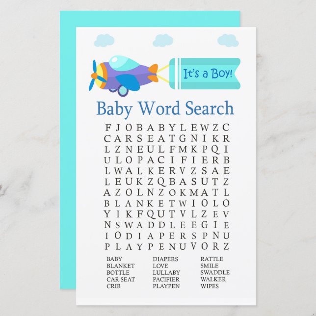 Toy Aircraft Baby Shower Word Search Game (Front/Back)