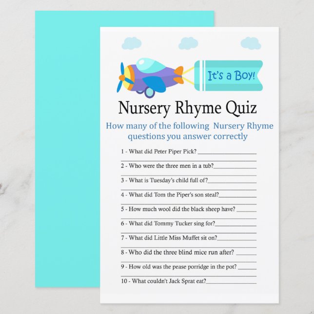 Toy Aircraft Nursery Rhyme Quiz baby shower game (Front/Back)