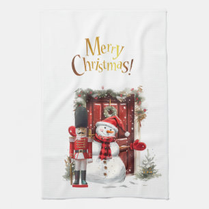 Toy British Soldier Bearskin hat and Snowman Tea Towel