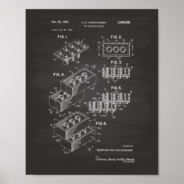 Toy Building Brick 1961 Patent Art - Chalkboard Poster (Front)
