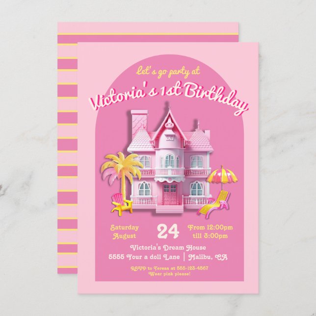 Toy Dream Doll House Pink Birthday Party Invitation (Front/Back)