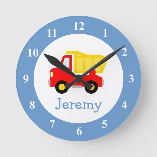Toy dump truck wall clock for kids bedroom nursery (Front)