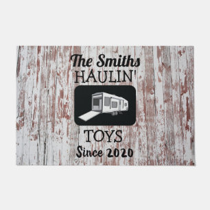 Toy Hauler Doormat with Barnwood Background