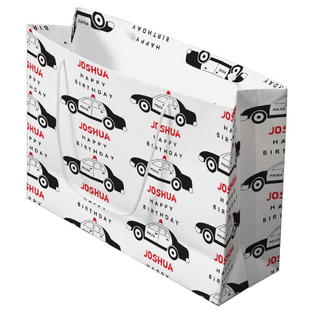 Toy Police Car Custom Name Kids Birthday  Large Gift Bag (Front Angled)