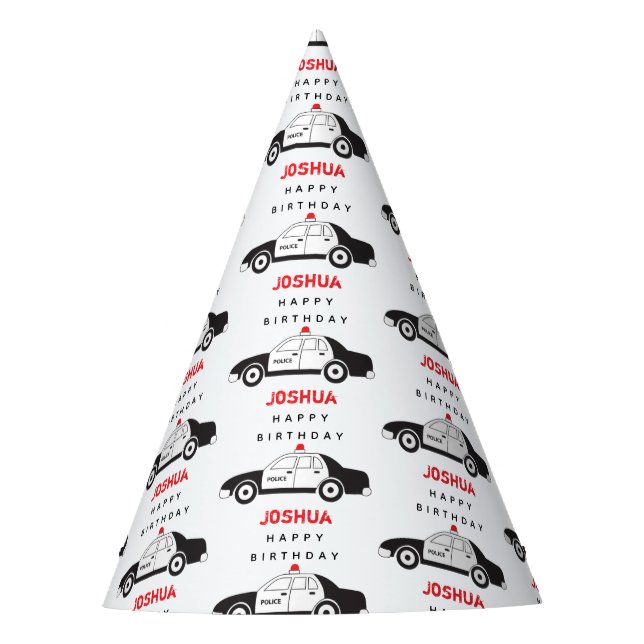 Toy Police Car Custom Name Kids Birthday Party Hat (Front)