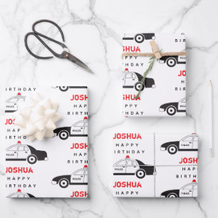 Toy Police Car Custom Name Kids Birthday Wrapping Paper Sheet