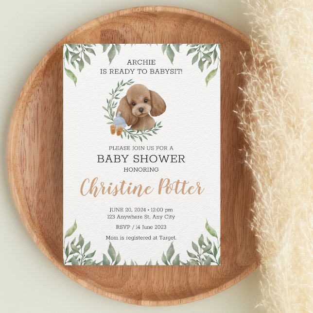 Toy Poodle Apricot Brown Boho Greenery Baby Shower Invitation (Creator Uploaded)