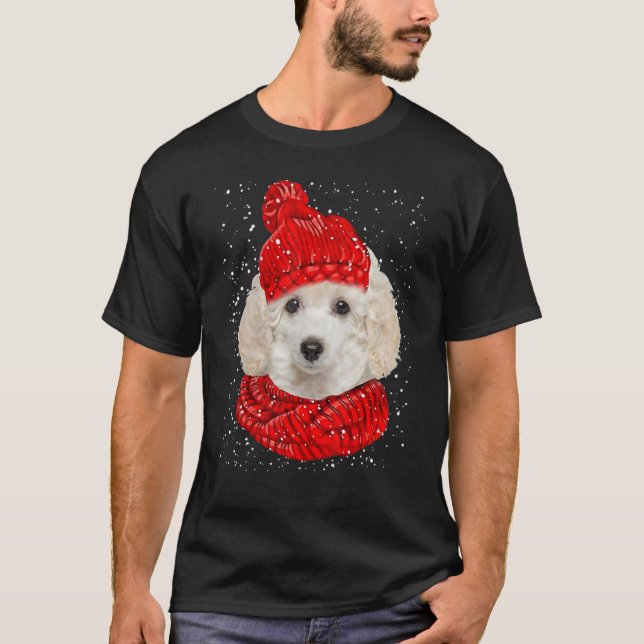 Toy Poodle Red Winter Hat Christmas Scarf Dog T-Shirt (Front)