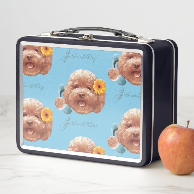 Toy Poodle with Flower and Phone Illustration Metal Lunch Box (In Situ)
