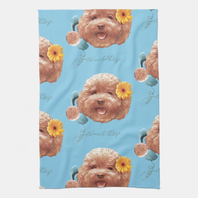 Toy Poodle with Flower and Phone Illustration Tea Towel (Vertical)
