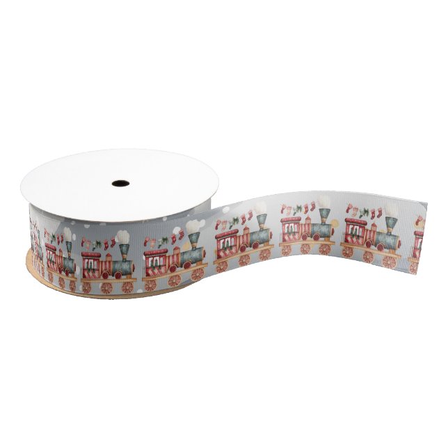 Toy Red Green Christmas Locomotive Winter Scene Grosgrain Ribbon (Spool)