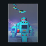 Toy Robos on the Attack Postcard<br><div class="desc">Retro toy robots fend of and attacking toy UFO invasion</div>