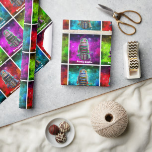 Toy robot colourful sci fi galaxy custom name retr wrapping paper