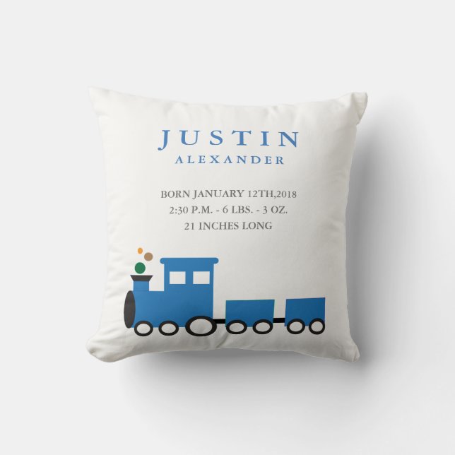 Toy Train Birth Announcement Pillow (Front)