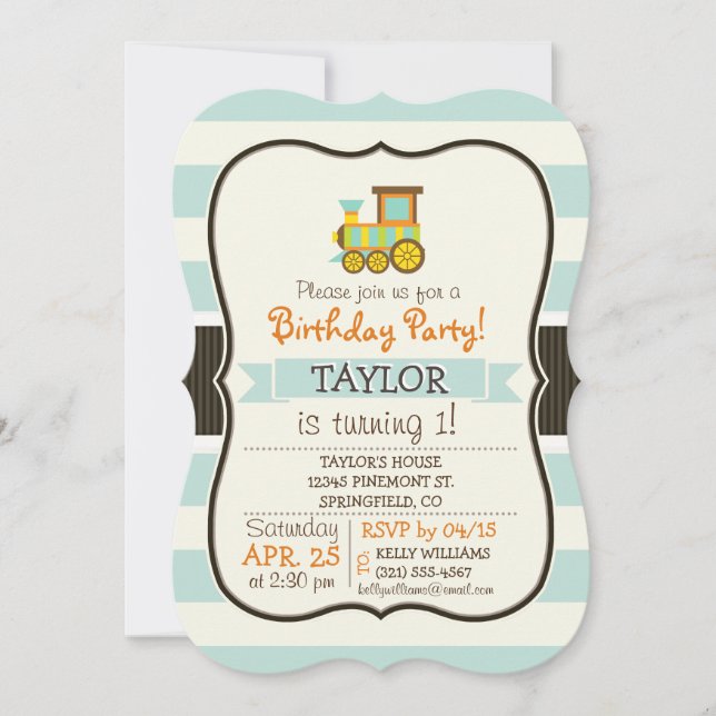 Toy Train; Brown, Orange, Yellow, Teal, Blue Invitation (Front)