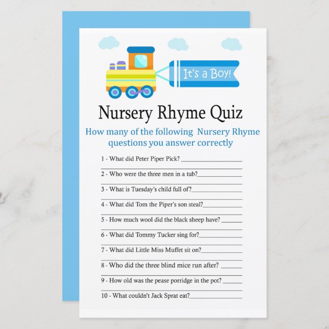 Toy Train Nursery Rhyme Quiz baby shower game (Front/Back)