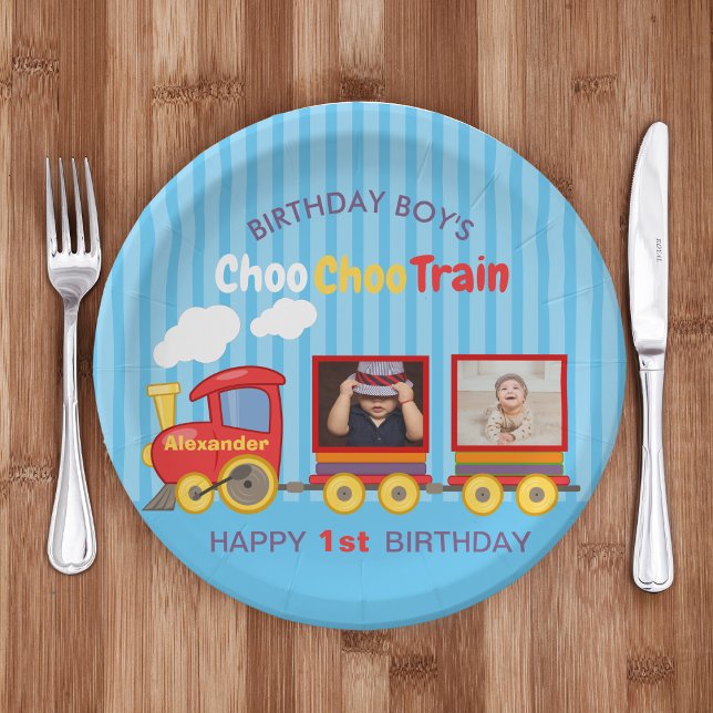 Toy Train Toddler Boy Birthday Blue Paper Plate (Creator Uploaded)