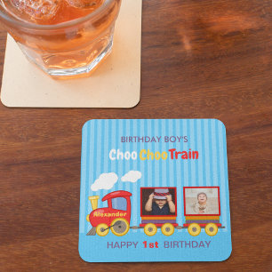 Toy Train Toddler Boy Birthday Blue Square Paper Coaster