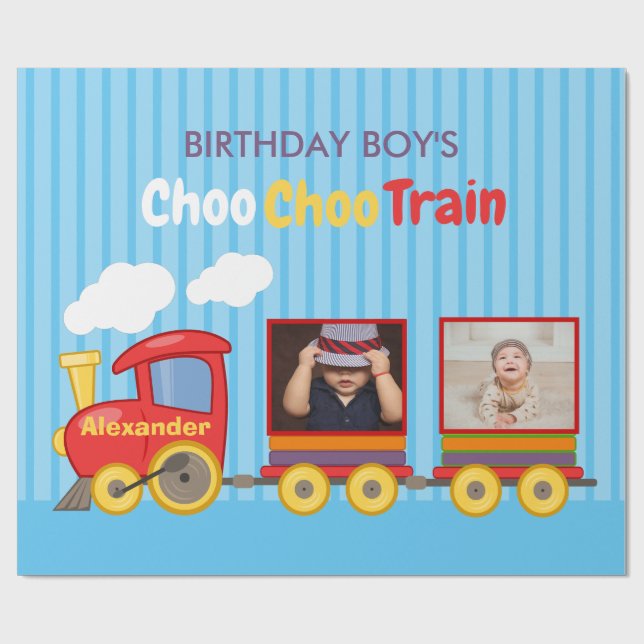 Toy Train Toddler Boy Birthday Blue Wrapping Paper (Flat)